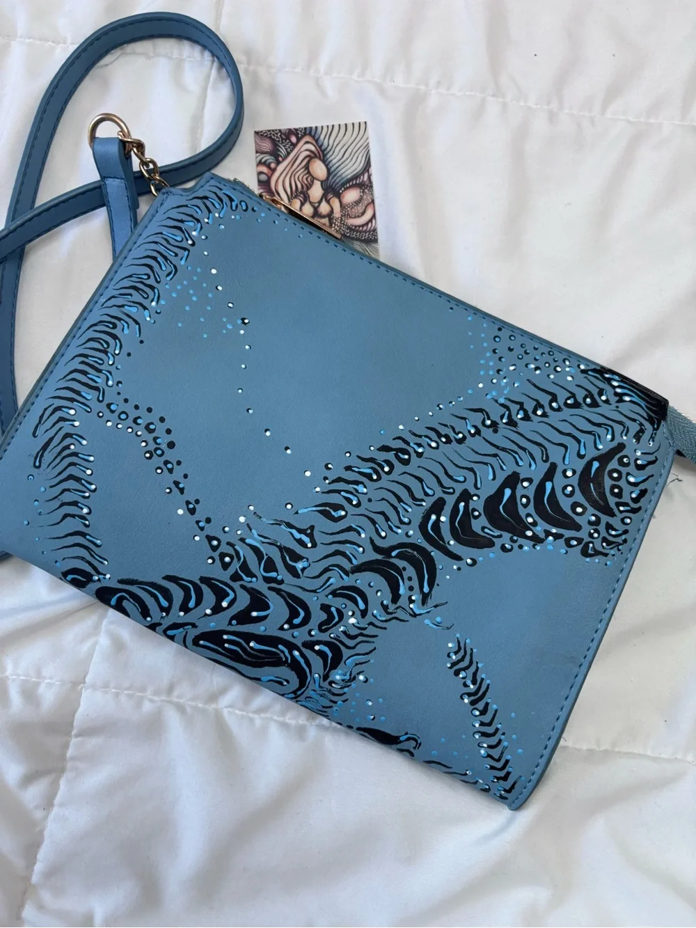 Blue Patterned Crossbody Bag. Hand painted. One of a kind.